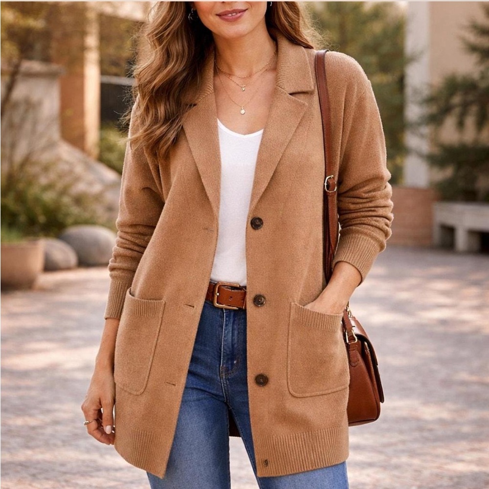 J Crew Camel Tan Oversized Wool Cotton Collared Sweater Jacket Size Medium - Picture 2 of 12
